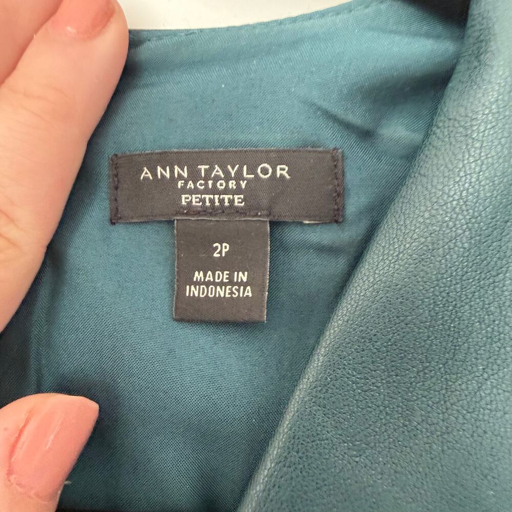 Ann Taylor Factory (2P) Deep Teal Faux Leather Mini Dress Puff Sleeve V Neck - Picture 3 of 5